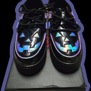 Womens StrangeCvlt Black and Oil Slick Iridescent Halloween Shoes